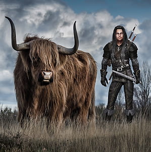 man and brown animal photo thumbnail