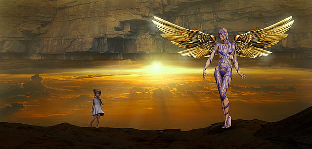 girl in front of angel digital wallpaper thumbnail