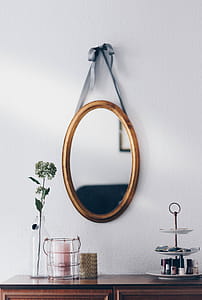 Oval Brown Wooden Framed Hanging Mirror thumbnail