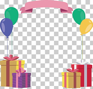 Birthday Gift, Gift box BALLOON Birthday frame, pink banner with four gifts PNG clipart