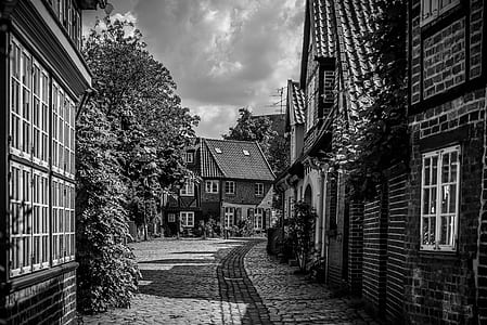 black-and-white, road, street, village thumbnail