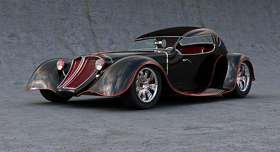 classic black and red coupe parked near gray cement thumbnail