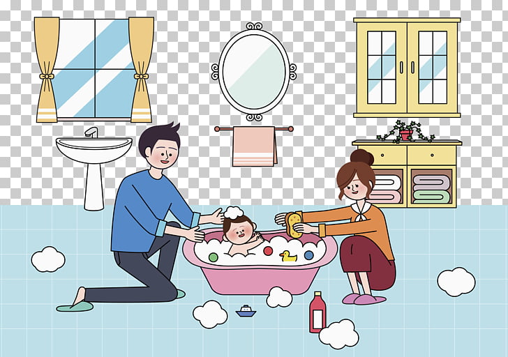 Happy Cartoon Baby Kid Having Bath In A Bathtub Holding A Shampoo