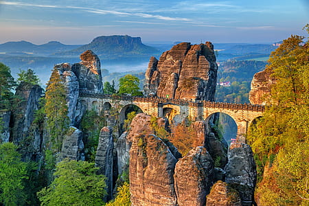 landscape photo of mountain with bridge thumbnail