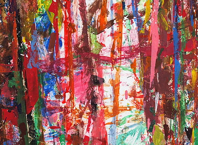 white, orange, pink, maroon, yellow, and green abstract painting thumbnail