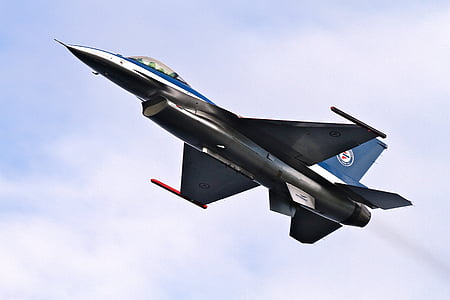 blue and white F16 fighter jet on flight thumbnail