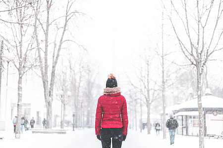 Woman Standing in The Middle of The Park in Snowy Weather thumbnail
