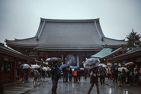 man holding blue umbrella walking near temple thumbnail