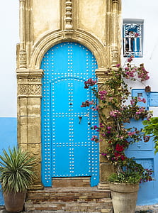pink and red petaled flowers and green leaf plant placed beside teal wooden door thumbnail