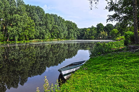white and blue boat on calm body of water beside lawn at daytime thumbnail