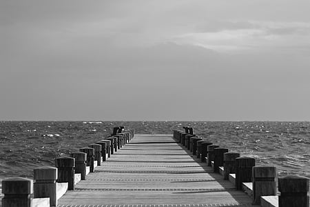 grayscale photo of wooden dock thumbnail