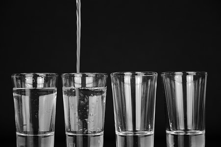 grayscale photo of two water-filled drinking glasses and two empty glasses thumbnail