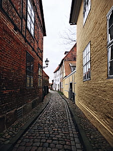 brick pathway near brown and beige buildings thumbnail