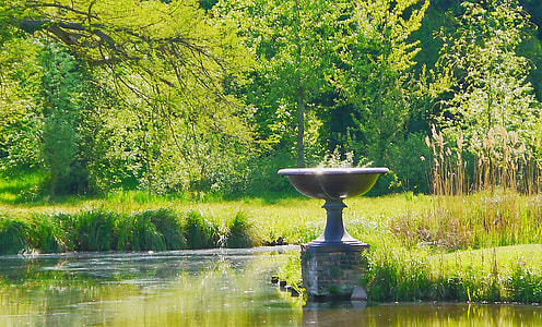 gray concrete birdbath near body of water thumbnail