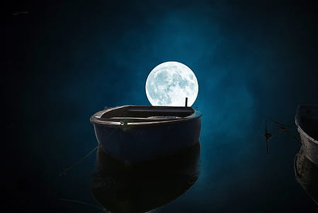 rowboat on body of water during full moon illustration thumbnail