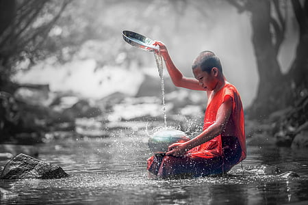 selective color photography of Buddhist monk in orange orange robe thumbnail