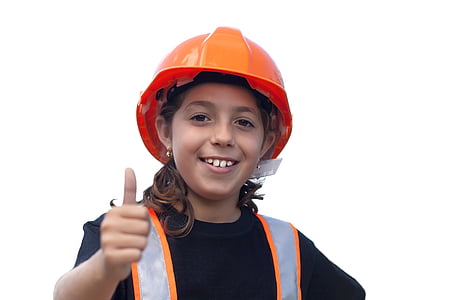 girl wearing orange hard hat doing thumbs up with right hand thumbnail