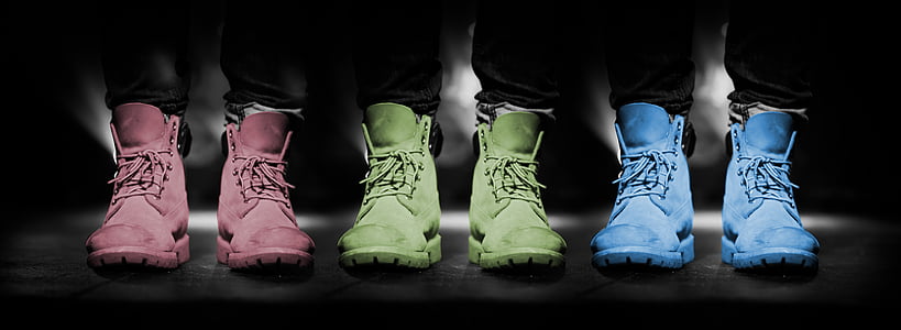 three pairs of pink, green, and blue lace-up high-top shoes thumbnail