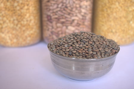brown and black beans in gray steel bowl thumbnail