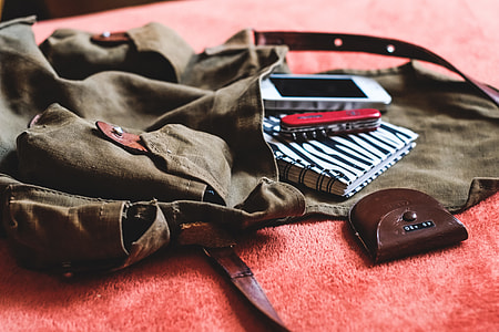 notebook, phone, and multi-tool on crossbody bag thumbnail