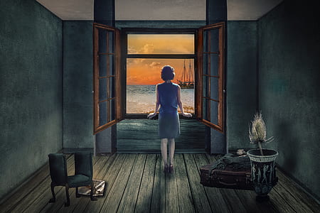 woman wearing blue sleeveless blouse and grey skirt staring on window digital wallpaper thumbnail