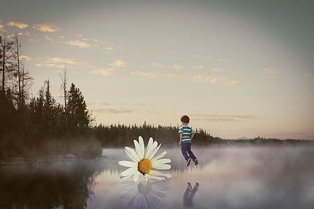 boy above body of water near flower illustration thumbnail