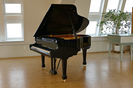 black grand piano beside end table thumbnail