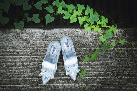 pair of women's silver pointed-toe shoes with flower accent near green plant thumbnail
