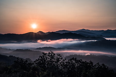 silhouette photo of mountain and trees during dawn thumbnail