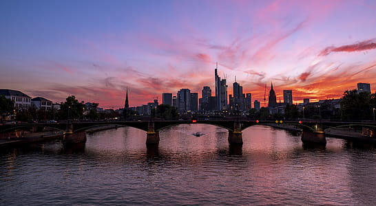 Arch Bridge Near Buildings during Golden Hour thumbnail