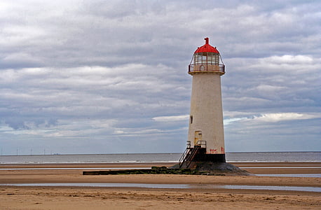 white lighthouse near body of water under cloudy sky thumbnail
