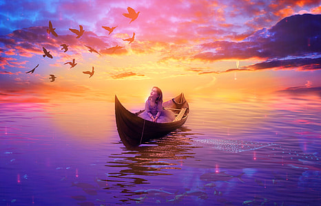 girl in boat on body of water looking at flock of birds flying in the sky during sunset thumbnail