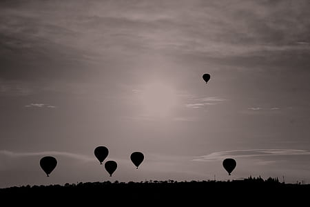 grayscale photo of hot air balloons thumbnail