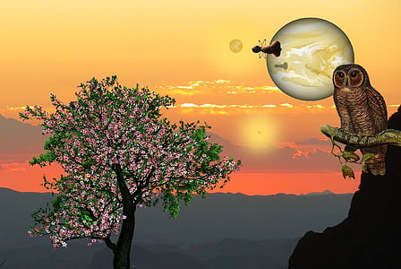 owl near to tree with moon painting thumbnail