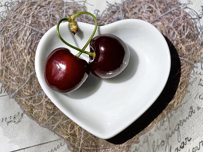 two cherries on white ceramic bowl thumbnail