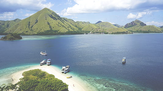 aerial photography of boats on island with trees near mountains during daytime thumbnail
