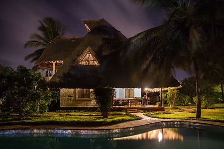 brown nipa hut during nighttime thumbnail