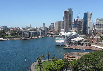 aerial photo of cruise ship docked near the building thumbnail