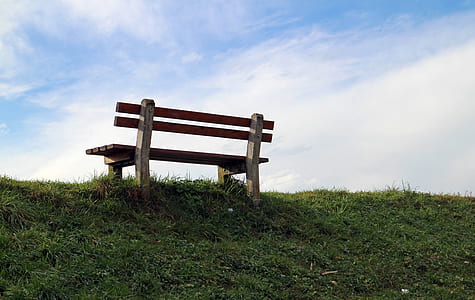 brown wooden bench on grass hill thumbnail