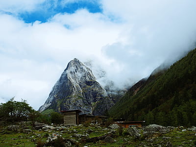 brown wooden house ahead near mountain thumbnail