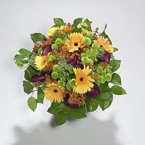 purple, yellow, and green daisies, mums and calla lilies bouquet thumbnail