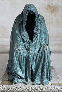 person wearing gray coat statue thumbnail