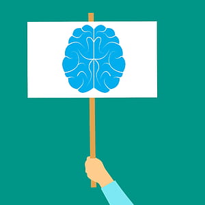 Illustration of hand holding sign with brain. thumbnail