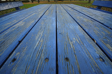 closeup photo of blue wooden bench thumbnail