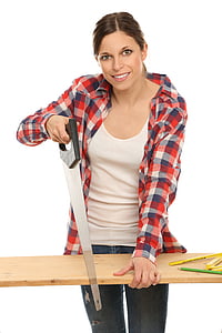 woman in red and gray long-sleeved shirt holding black hand saw photo thumbnail