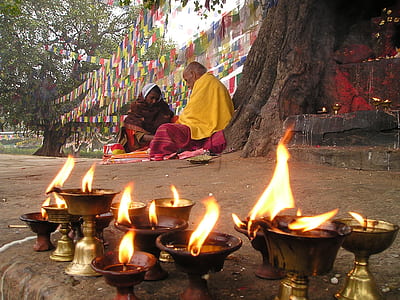close up photograph of footed candle holders near two persons sitting beside tree thumbnail