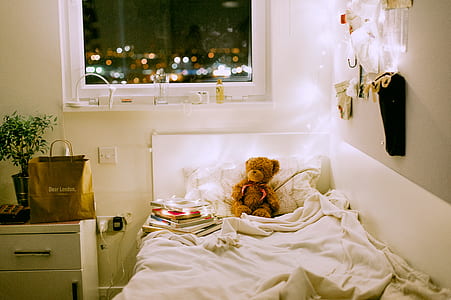 brown teddy bear on bed thumbnail