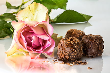 three chocolate bars beside flower thumbnail