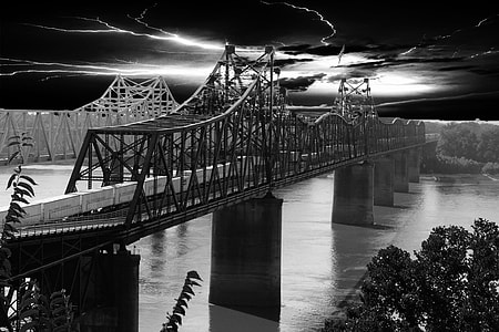 grayscale photo of suspension bridge thumbnail