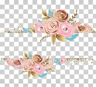 Pink flowers Rose Dress Gold, Rectangular border, blue background with pink and brown floral paintings PNG clipart